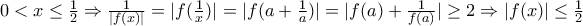 0<x\leq \frac {1}{2} \Rightarrow \frac {1}{|f(x)|}=|f(\frac {1}{x})|=|f(a+\frac {1} 
{a})|=|f(a)+\frac {1}{f(a)}| \geq 2 \Rightarrow |f(x)| \leq \frac {1}{2}