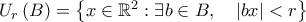 U_{r}\left (B \right) = \left \{x \in \mathbb{R}^2 : \exists b \in B, \quad \left| {bx} \right|<r \right\} U_{r}\left (B \right) = \left \{x \in \mathbb{R}^2 : \exists b \in B, \quad \left| {bx} \right|<r \right\}