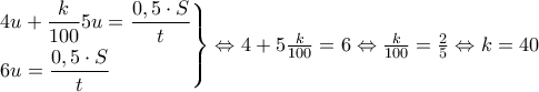 \left. \begin{gathered}
4u + \frac{k}{{100}}5u = \frac{{0,5 \cdot S}}{t} \hfill \\
6u = \frac{{0,5 \cdot S}}{t} \hfill \\
\end{gathered} \right\} \Leftrightarrow 4 + 5\frac{k}{{100}} = 6 \Leftrightarrow \frac{k}{{100}} = \frac{2}{5} \Leftrightarrow k = 40 \left. \begin{gathered}
4u + \frac{k}{{100}}5u = \frac{{0,5 \cdot S}}{t} \hfill \\
6u = \frac{{0,5 \cdot S}}{t} \hfill \\
\end{gathered} \right\} \Leftrightarrow 4 + 5\frac{k}{{100}} = 6 \Leftrightarrow \frac{k}{{100}} = \frac{2}{5} \Leftrightarrow k = 40