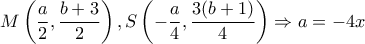 \displaystyle M\left( {\frac{a}{2},\frac{{b + 3}}{2}} \right),S\left( { - \frac{a}{4},\frac{{3(b + 1)}}{4}} \right) \Rightarrow a =  - 4x