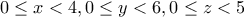 \displaystyle{0\le x<4, 0\le y<6, 0\le z<5}