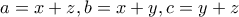 a = x+z, b=x+y,c=y+z a = x+z, b=x+y,c=y+z