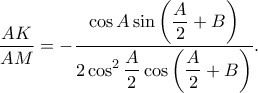  \displaystyle \frac{AK}{AM}=-\frac{\displaystyle\cos A\sin \left ( \frac{A}{2} +B\right )}{\displaystyle 2\cos ^{2}\frac{A}{2}\cos \left ( \frac{A}{2}+B \right )}.