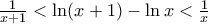 \frac{1}{x+1}<\ln(x+1)-\ln x<\frac{1}{x}