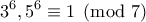 \displaystyle{3^6 ,5^6\equiv 1\pmod 7}