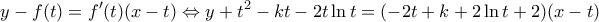 \displaystyle y-f(t)={f}'(t)(x-t)\Leftrightarrow y+{{t}^{2}}-kt-2t\ln t=(-2t+k+2\ln t+2)(x-t)