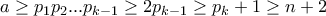 a\geq p_{1}p_{2}...p_{k-1}\geq2p_{k-1}\geq p_{k}+1\geq n+2