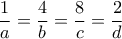 \displaystyle{\frac{1}{a}=\frac{4}{b}=\frac{8}{c}=\frac{2}{d}}
