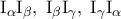 \displaystyle{ 
{\rm I}_\alpha  {\rm I}_\beta  ,\;{\rm I}_\beta  {\rm I}_\gamma  ,\;{\rm I}_\gamma  {\rm I}_\alpha   
}
