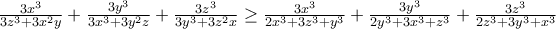 \frac{3x^3}{3z^3+3x^2y}+\frac{3y^3}{3x^3+3y^2z}+\frac{3z^3}{3y^3+3z^2x}\geq \frac{3x^3}{2x^3+3z^3+y^3}+\frac{3y^3}{2y^3+3x^3+z^3}+\frac{3z^3}{2z^3+3y^3+x^3}