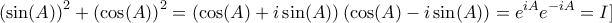 \displaystyle{\left ( \sin (A)\right )^2 +  \left (\cos (A)\right )^2= \left ( \cos(A) +i\sin (A)\right )\left ( \cos(A) -i\sin (A)\right )= e^{iA}e^{-iA} = I]