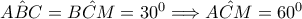 \hat{ABC} = \hat{BCM} = 30^0 \Longrightarrow \hat{ACM} = 60^0