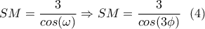\displaystyle{SM=\frac{3}{cos(\omega)} \Rightarrow SM=\frac{3}{cos(3\phi)} \  \ (4)}