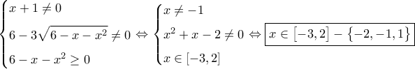 \displaystyle{ 
\left\{ 
\begin{aligned} 
&x + 1 \ne 0 \\[0.05in] 
&6 - 3\sqrt{6 - x - x^2} \ne 0 \\[0.05in] 
&6 - x - x^2 \ge 0 
\end{aligned} 
\right. 
\Leftrightarrow 
\left\{ 
\begin{aligned} 
&x \ne -1 \\[0.05in] 
&x^2 + x - 2 \ne 0 \\[0.05in] 
&x \in [-3, 2] 
\end{aligned} 
\right. 
\Leftrightarrow \boxed{x \in \bigl[-3, 2 \bigr] - \bigl\{ -2, -1, 1\bigr\}} 
}