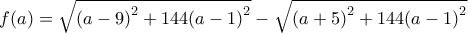 f(a) = \sqrt {{{\left( {a - 9} \right)}^2} + 144{{\left( {a - 1} \right)}^2}}  - \sqrt {{{\left( {a + 5} \right)}^2} + 144{{\left( {a - 1} \right)}^2}} 