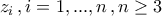 \displaystyle{z_{i}\,,i=1,...,n\,,n\geq 3}