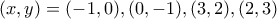 \displaystyle{(x,y)=(-1,0),(0,-1),(3,2),(2,3)}