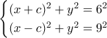 \begin{cases}(x+c)^2+y^2=6^2\\(x-c)^2+y^2=9^2\end{cases}