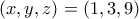 \left( {x,y,z} \right) = \left( {1,3,9} \right)