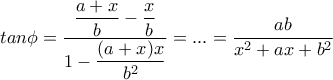 tan\phi=\dfrac{\dfrac{a+x}{b}-\dfrac{x}{b}}{1-\dfrac{(a+x)x}{b^2}}=... = \dfrac{ab}{x^2+ax+b^2}
