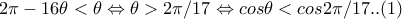 2\pi -16\theta  < \theta \Leftrightarrow \theta > 2\pi /17\Leftrightarrow cos\theta <  cos 2\pi /17.. (1)