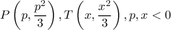 \displaystyle P\left( {p,\frac{{{p^2}}}{3}} \right),T\left( {x,\frac{{{x^2}}}{3}} \right),p,x < 0