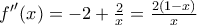 {{f}'}'(x)=-2+\frac{2}{x}=\frac{2(1-x)}{x} {{f}'}'(x)=-2+\frac{2}{x}=\frac{2(1-x)}{x}