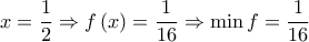 x=\dfrac{1}{2}\Rightarrow f\left( x \right)=\dfrac{1}{16}\Rightarrow \min f=\dfrac{1}{16}