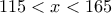115<x<165