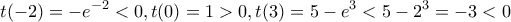 \displaystyle t(-2)=-{{e}^{-2}}<0,t(0)=1>0,t(3)=5-{{e}^{3}}<5-{{2}^{3}}=-3<0