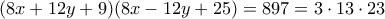 \displaystyle{(8x+12y+9)(8x-12y +25)=897= 3\cdot 13 \cdot 23}