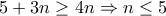 \displaystyle{5+3n\geq 4n\Rightarrow n\leq 5}