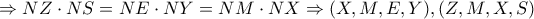 \Rightarrow \displaystyle NZ \cdot NS=NE \cdot NY=NM \cdot NX \Rightarrow (X,M,E,Y),(Z,M,X,S) 