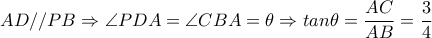 AD//PB \Rightarrow \angle PDA= \angle CBA= \theta \Rightarrow tan \theta = \dfrac{AC}{AB}= \dfrac{3}{4} AD//PB \Rightarrow \angle PDA= \angle CBA= \theta \Rightarrow tan \theta = \dfrac{AC}{AB}= \dfrac{3}{4}