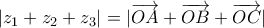 |{{z}_{1}}+{{z}_{2}}+{{z}_{3}}|=|\overrightarrow{OA}+\overrightarrow{OB}+\overrightarrow{OC}|