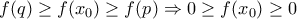 f(q)\geq f(x_0)\geq f(p)\Rightarrow 0\geq f(x_0)\geq 0