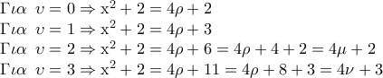 \displaystyle{\begin{array}{l} 
 \Gamma \iota \alpha \,\,\,\upsilon  = 0 \Rightarrow {{\rm{x}}^2} + 2 = 4\rho  + 2 \\  
 \Gamma \iota \alpha \,\,\,\upsilon  = 1 \Rightarrow {{\rm{x}}^2} + 2 = 4\rho  + 3 \\  
 \Gamma \iota \alpha \,\,\,\upsilon  = 2 \Rightarrow {{\rm{x}}^2} + 2 = 4\rho  + 6 = 4\rho  + 4 + 2 = 4\mu  + 2 \\  
 \Gamma \iota \alpha \,\,\,\upsilon  = 3 \Rightarrow {{\rm{x}}^2} + 2 = 4\rho  + 11 = 4\rho  + 8 + 3 = 4\nu  + 3 \\  
 \end{array}}
