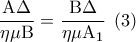 \displaystyle\frac{{{\rm A}\Delta }}{{\eta \mu {\rm B}}} = \frac{{{\rm B}\Delta }}{{\eta \mu {{\rm A}_1}}}\;\left( 3 \right)