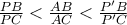 \frac{PB}{PC}<\frac{AB}{AC}<\frac{P'B}{P'C}