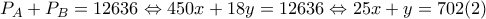 P_A+P_B=12636\Leftrightarrow 450x+18y=12636\Leftrightarrow 25x+y=702 (2)
