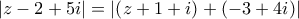 \displaystyle{\left|z-2+5i\right|=\left|\left(z+1+i\right)+\left(-3+4i\right)\right|}