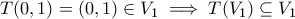 \displaystyle{T(0,1)=(0,1)\in V_1\implies T(V_1)\subseteq V_1}