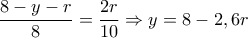 \displaystyle{\frac{8-y-r}{8}=\frac{2r}{10}\Rightarrow y=8-2,6r}
