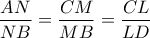 \displaystyle \frac{AN}{NB} = \frac{CM}{MB} = \frac{CL}{LD} \displaystyle \frac{AN}{NB} = \frac{CM}{MB} = \frac{CL}{LD}