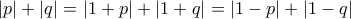 \left| p\right| +\left| q\right| =\left| 1+p\right| +\left| 1+q\right| =\left| 1-p\right| +\left| 1-q\right| 