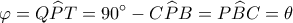 \displaystyle \varphi = Q\widehat PT = 90^\circ - C\widehat PB = P\widehat BC = \theta \displaystyle \varphi = Q\widehat PT = 90^\circ - C\widehat PB = P\widehat BC = \theta
