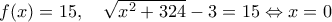 f(x)=15, \quad \sqrt{x^2+324}-3 = 15 \Leftrightarrow x=0