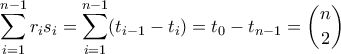 \displaystyle{ \sum_{i=1}^{n-1} r_is_i = \sum_{i=1}^{n-1} (t_{i-1} - t_i) = t_0 - t_{n-1} = \binom{n}{2}}