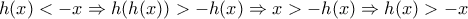 \displaystyle{h(x)<-x \Rightarrow h(h(x))>-h(x) \Rightarrow x>-h(x) \Rightarrow h(x)>-x}