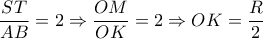 \displaystyle 
\frac{{ST}}{{AB}} = 2 \Rightarrow \frac{{OM}}{{OK}} = 2 \Rightarrow OK = \frac{R}{2}